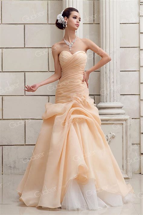 Champagne Organza Strapless Dropped Waist Asymmetrical Ruched Wedding Dress 2213986 Weddbook