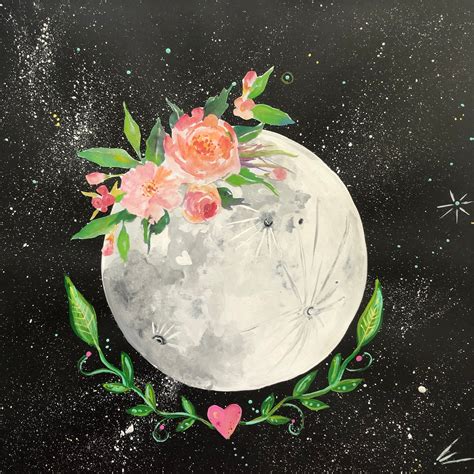 Flower Moon Original Illustration Moon Acrylic Painting Etsy