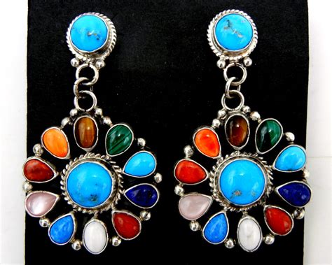 Navajo Tyler Brown Multi Stone And Sterling Silver Cluster Dangle Earrings