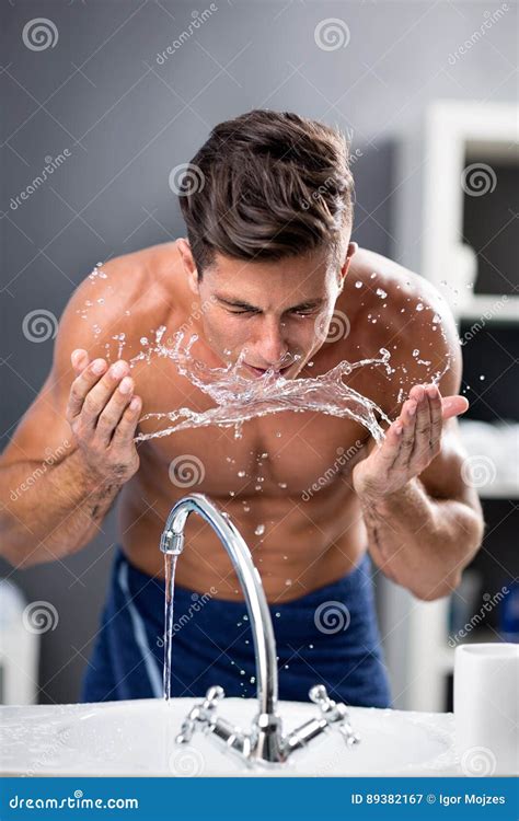 Morning Hygiene Man Washing Face Stock Image Image Of Bathroom