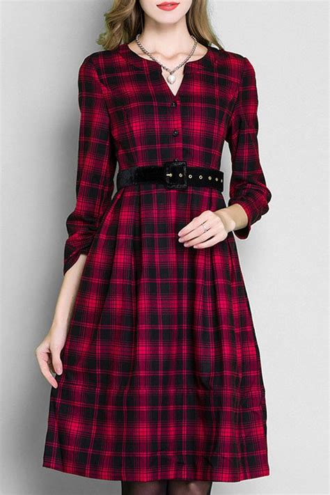 Red Black Plaid Long Sleeve Dress