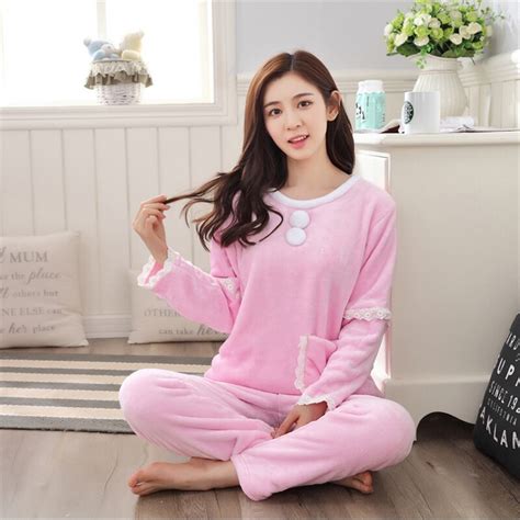 Women Autumn Winter Flannel Round Neck Pajamas Sets Thickening Cute Girl Series Long Sleeved