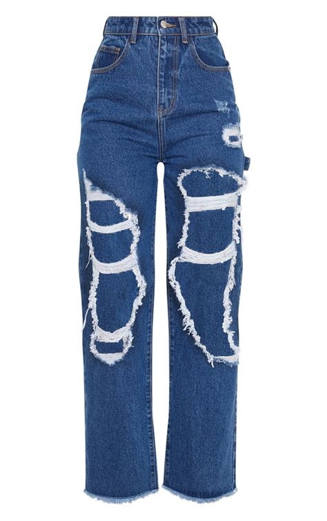 Dark Wash Open Thigh Baggy Jeans Denim Prettylittlething Usa