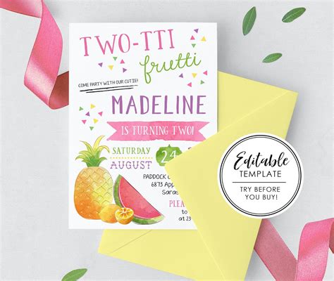 Two Tti Frutti Second Birthday Invitation Printable Etsy Printable