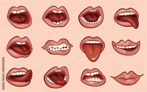 Set Of Vector Illustrations Of Sexy Woman Lips Expressing Different Emotions Such As Smile