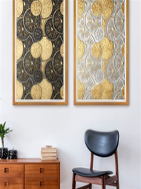 Buy 999store Set Of 2 Gold Toned And White Abstract Canvas Wall Art