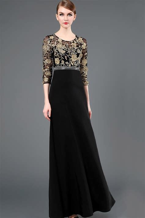 Sheath Scoop Neck Long Black Chiffon Gold Lace Evening Prom Dress With