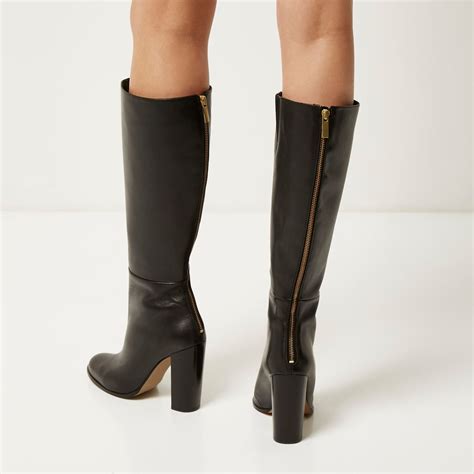 River Island Black Leather Knee High Heeled Boots In Black Lyst