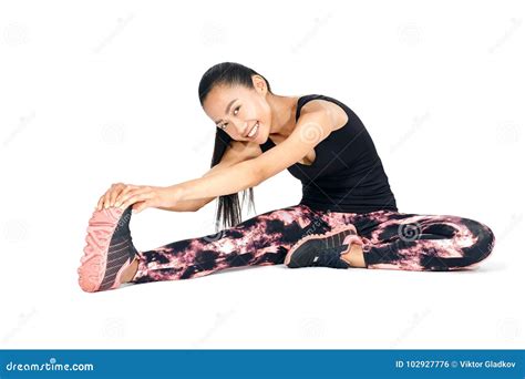 Beautiful Asian Smiling Woman Doing Stretching Sitting Her Leg Stock