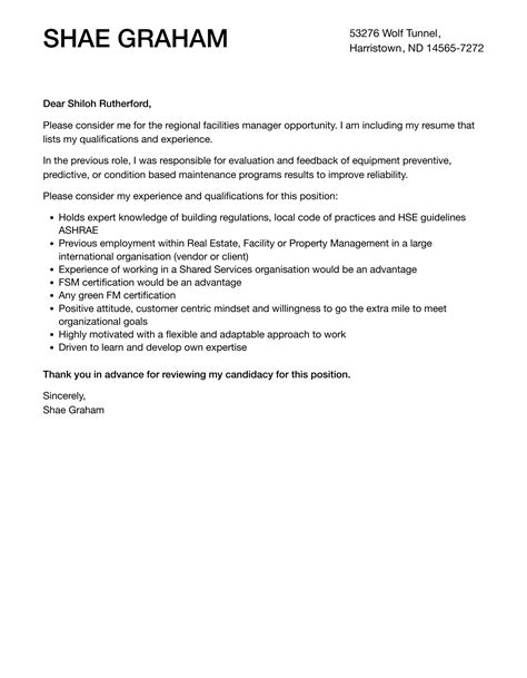 Regional Facilities Manager Cover Letter Velvet Jobs