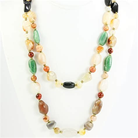 Two Vintage Agate Multi Colored Stone Beaded Necklaces Pair Inch