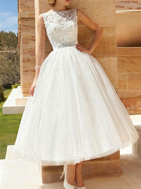 E148 Tea Length Ball Gown Wedding Gowns Sleeveless Elegant Short