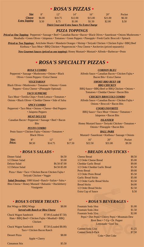 Menu For Rosas Pizza In Bigfork Mt Sirved