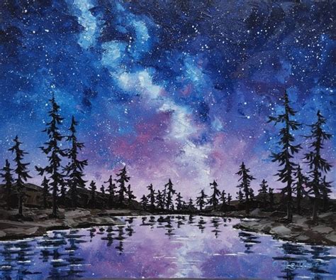 Night Sky Oil Painting Nocturne Lake Landscape Milky Way Etsy