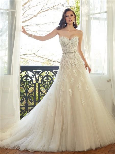 Romantic A Line Strapless Sweetheart Ivory Tulle Lace Beaded Crystal