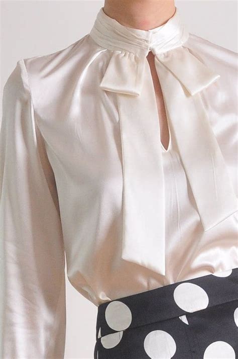 Luxury White Silk Satin Long Sleeves Bow Tie Blouse Shirt Pretty Blouses Satin Blouses
