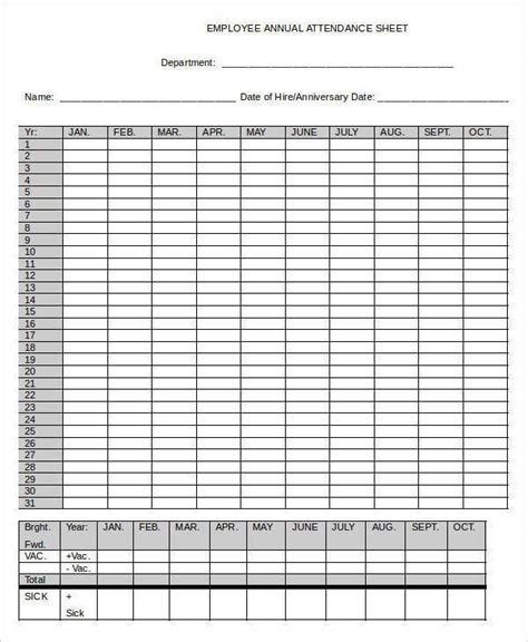 Ffree Yearly Employee Attendance Record Template Printable