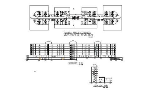 Multi Story Civil Hospital Facade And Back Section And First Floor Plan