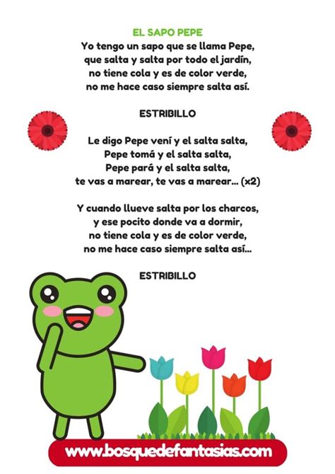A Poem Written In Spanish With An Image Of A Frog Standing Next To Tulips