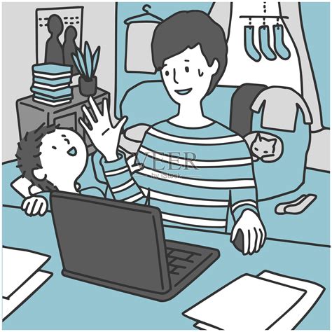 一个在凌乱的房间里带着孩子在家工作的男人插画图片素材id371412505 Veer图库