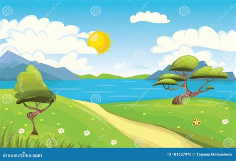 Lake Trees And Mountains Cartoon Vector 24625559