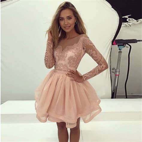 Formal Dress Light Pink Lace Long Sleeve Prom Dress Short Evening