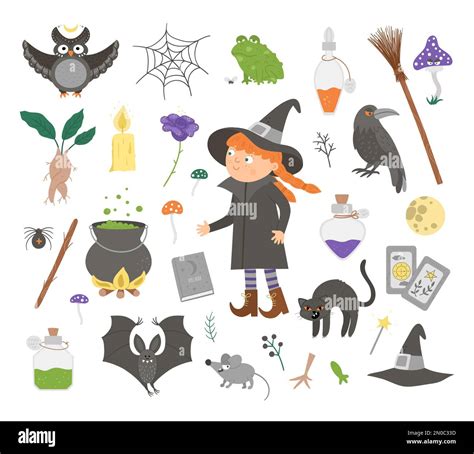 Set Of Cute Vector Witchcraft Elements And Witch Halloween Icons
