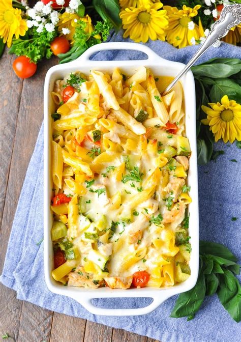 Dump And Bake Summer Pasta With Corn Zucchini Tomatoes And Chicken
