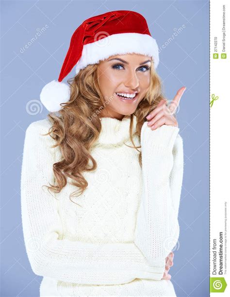 Portrait Of An Woman Wearing A Red Santa Hat Stock Photo Image Of