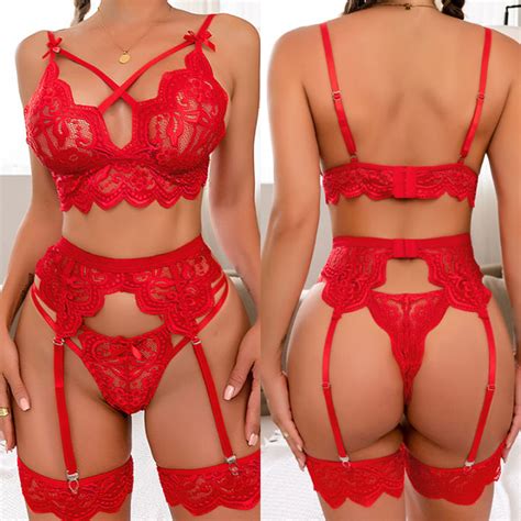 red sexy lingerie women bra and panty garters 3pcs see through lingerie sets sexy women s