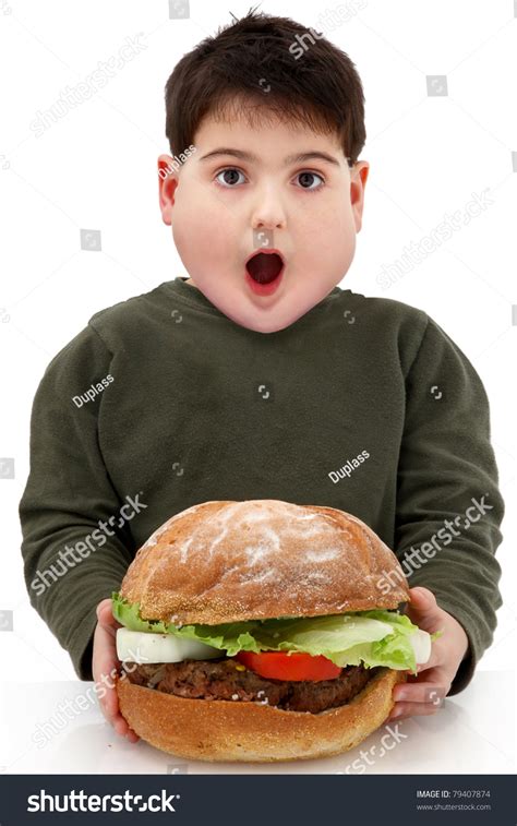 Hungry Obese Fat Boy Child With Giant Hamburger Over White Stock Photo