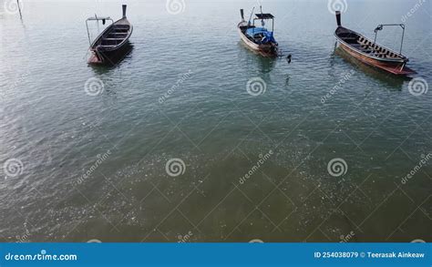 Aerial View From Drones Of Fishing Boats In The Shore During Low Tide