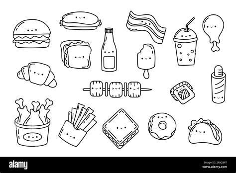 Set Kawaii Sticker Fast Food Coloring Page. Collection Cute Kawaii Fast