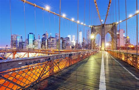 New York City Brooklyn Bridge At Night Usa Editorial Photo Image Of