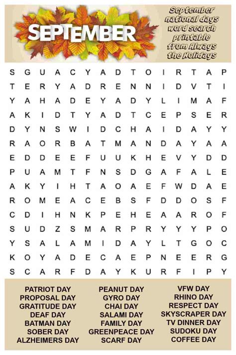 September Word Search Printable Free