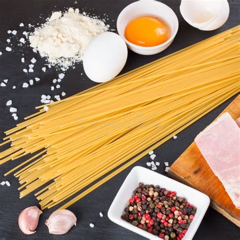 Ingredients For Italian Pasta Carbonara Top View Stock Photo Image