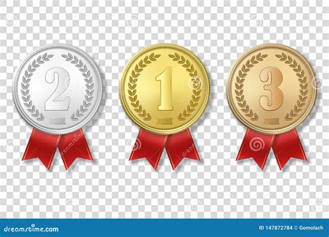 Vector 3d Realistic Gold Silver And Bronze Award Medal Icon Set With