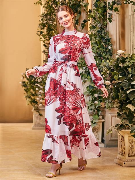 Floral Print Ruffle Hem Belted Dress Shein Usa Dresses Blouse