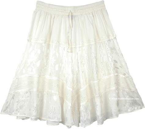 Pearl White Knee Length Western Skirt With Elastic Waist Short Skirts White Patchwork
