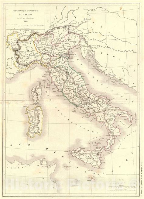 Historic Map 1856 Carte Physique Et Politique De Litalie Vintage