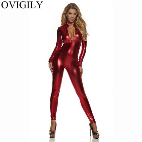 Ovigily Women Full Body Unitard Black Catsuit Bodysuit Long Sleeve Lycra Red Front Zip Metallic