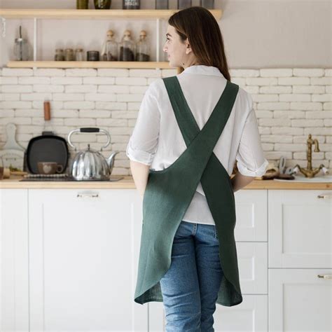 Japan Linen Apron With No Ties Cross Back Apron Available In Etsy In 2021 Linen Apron