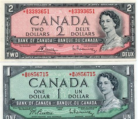 Lot Of 2 Replacement Bills Canadian 1 X One Dollar 1 X 2 Dollar