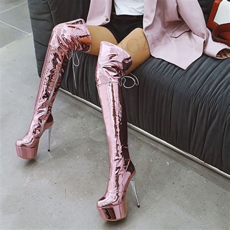 Laigzem Shiny Women Thigh Boots Patent Silver Stiletto Heels Boot Shoes Large Size 33 48 Boots
