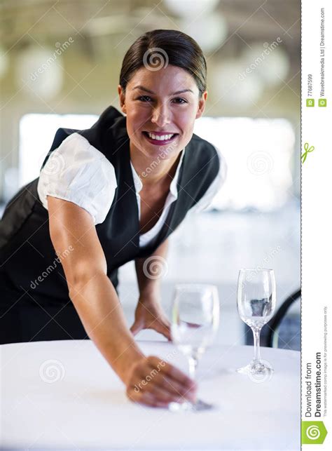 Portrait Of Smiling Waitress Setting The Table Stock Image Image Of Expertise Person 77687599