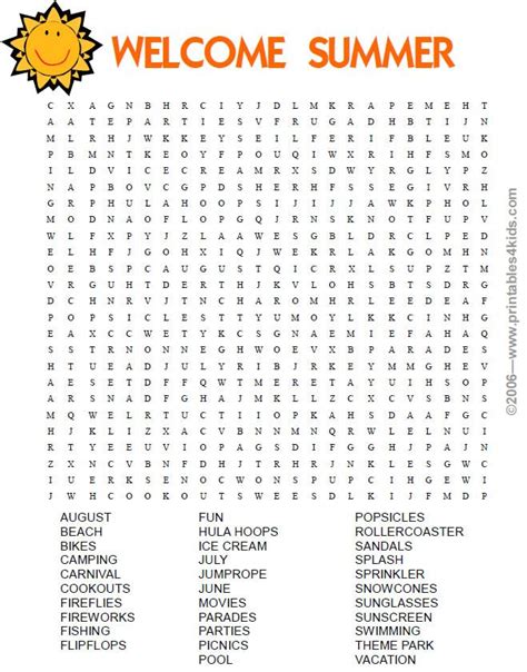 Summer Word Search Printable With Answer Key