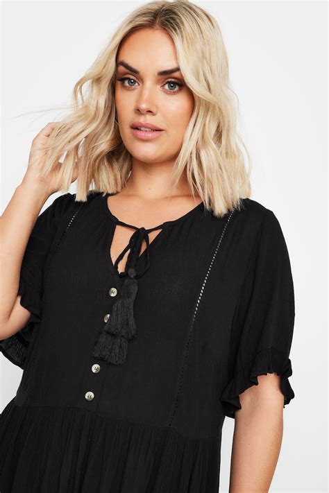 YOURS Plus Size Black Crinkle Tie Neck Dress | Yours Clothing