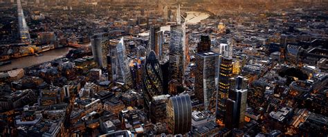 デスクトップ壁紙 ロンドン イギリス シティ 都市景観 建物 超高層ビル テムズ川 チルトシフト 3440x1440