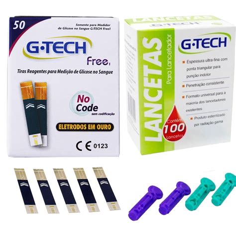 Kit 50 Tiras De Medir Glicose G Tech Free 100 Lancetas Para