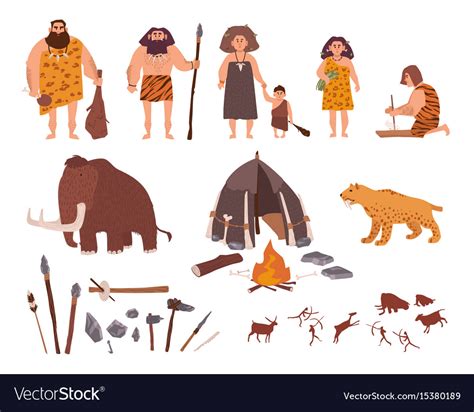 Set Of Stone Age Theme Primitive People Children Vector Image